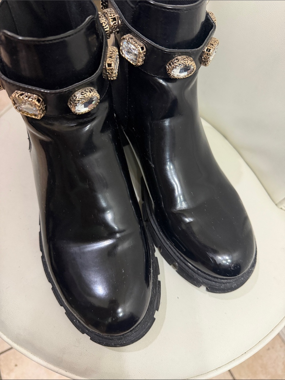 Madden Girl Black Patent Ankle Boots with Gold Crystal Accents